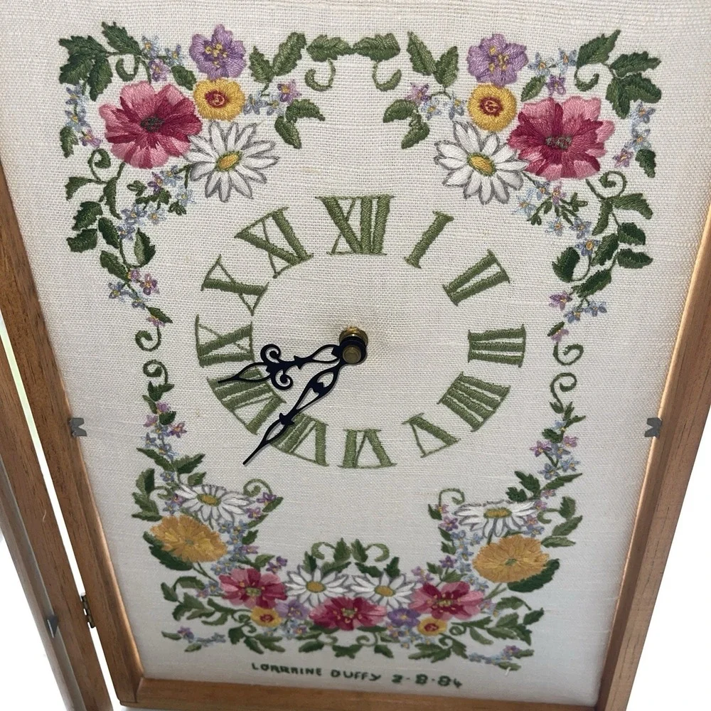 Hand Made Cross Stitch Clock In Wood Shadow Glass Box Plug-In 10.5